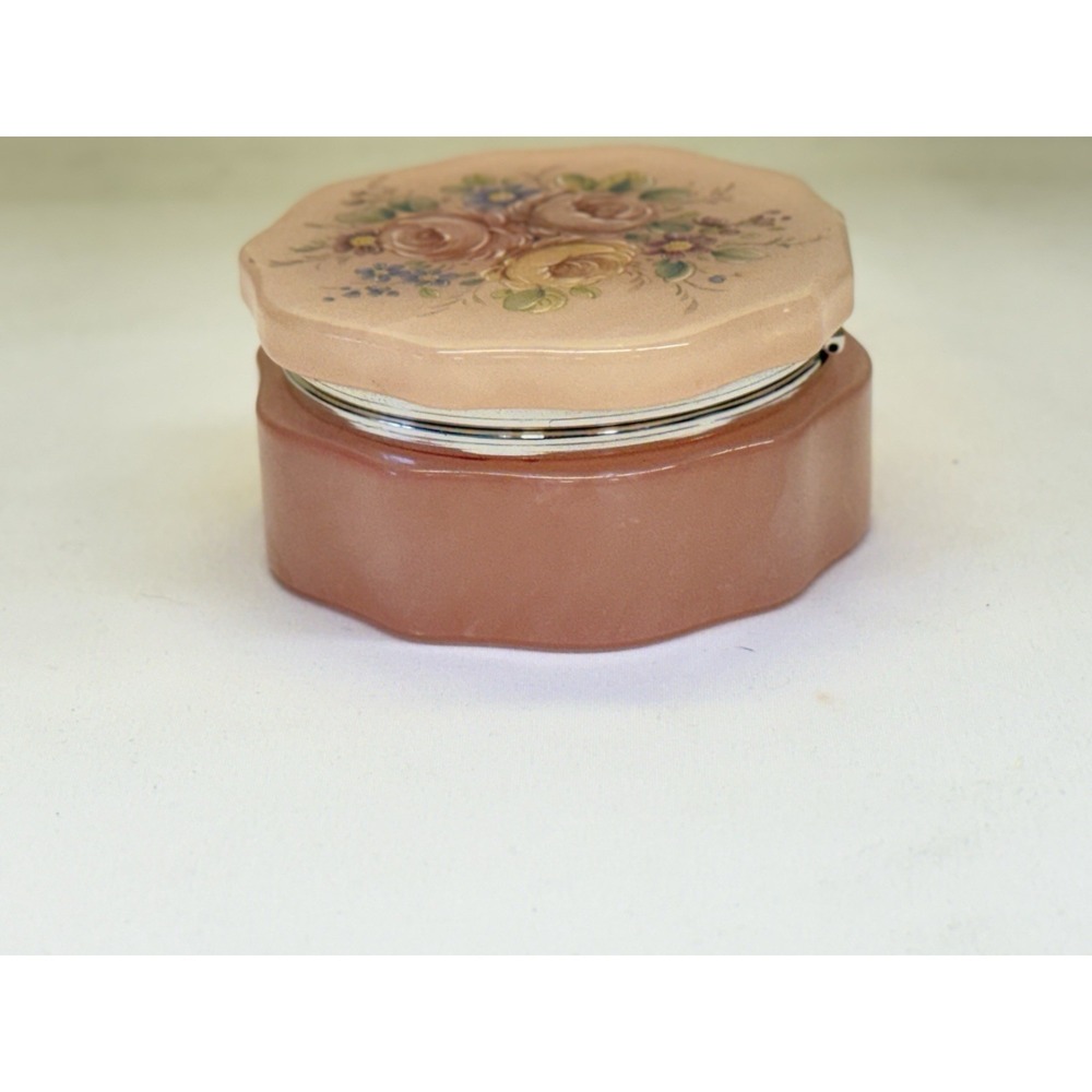 Vintage Pink Alabaster Stone Hinged Trinket Jewelry Box With Flowers Italy - Picture 5 of 9